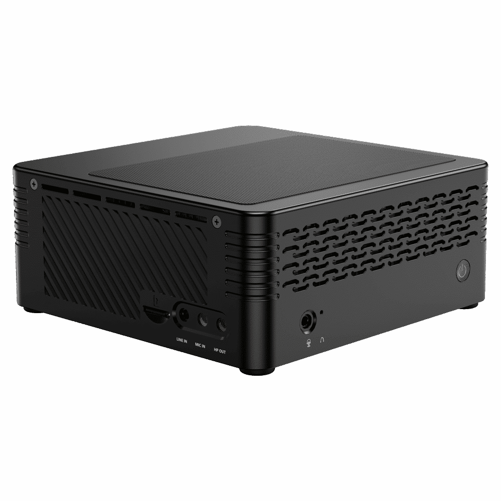 MinisForum EliteMini X400 Ryzen 5 PRO Mini Computer - Showing the device at an angle with Power Button, Vents, 3.5mm Headphone&Microphone Jack