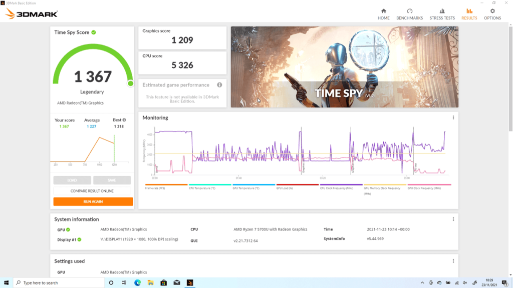 ONEXPLAYER AMD 5700U 3DMark Score