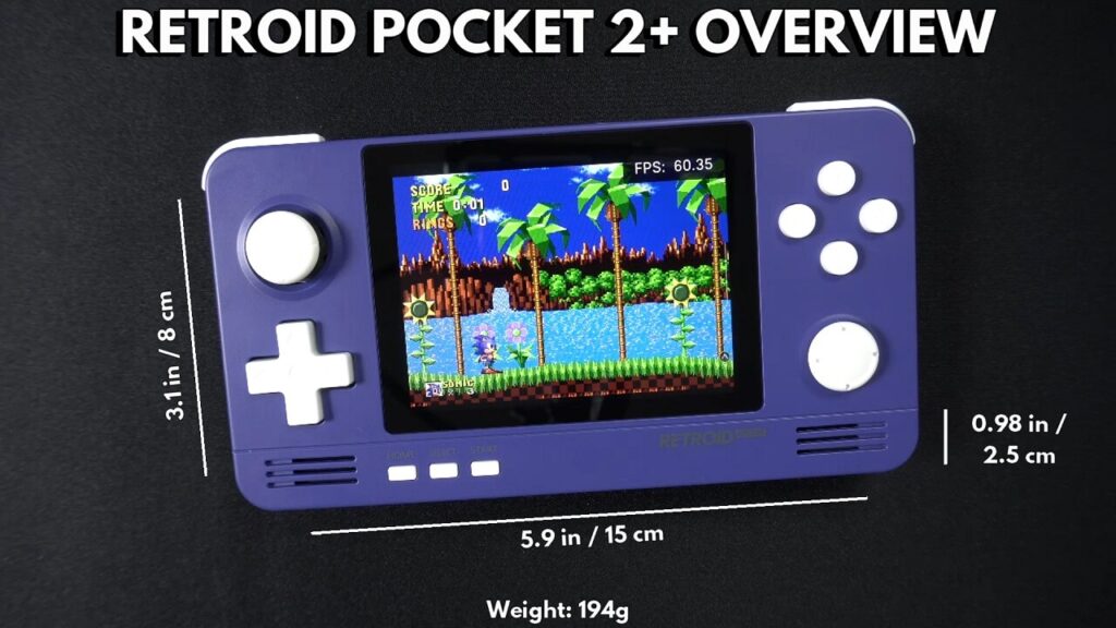 Retroid Pocket 2+ Abmessungen und Vorderansicht