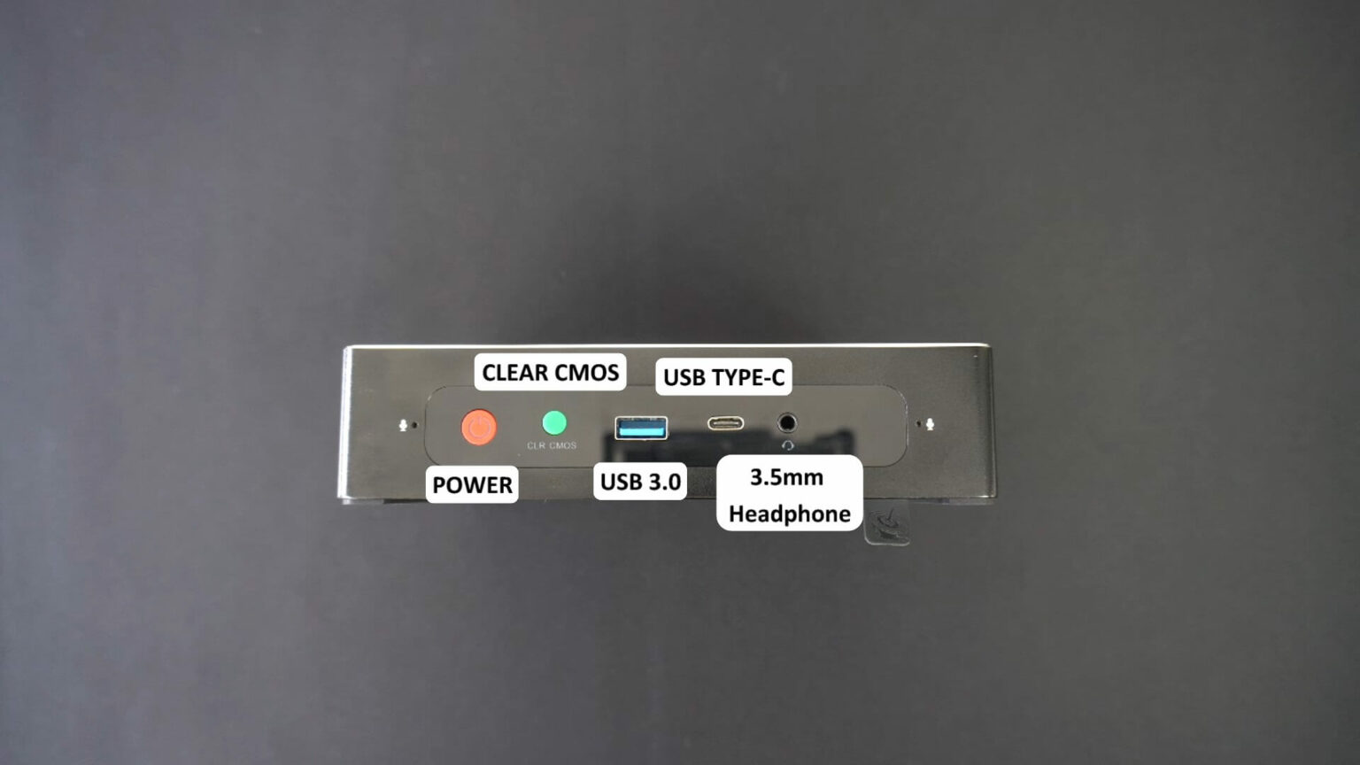 On the front we have the power and clear CMOS buttons. Beside those are