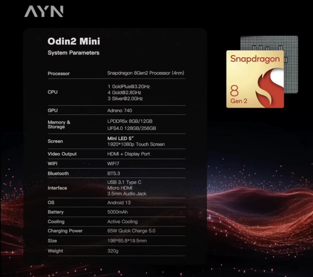 Specifikationer for Ayn Odin 2 mini
