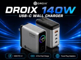 DROIX 140W USB-C wall charger advertisement showing two sleek charging blocks with blue neon background.