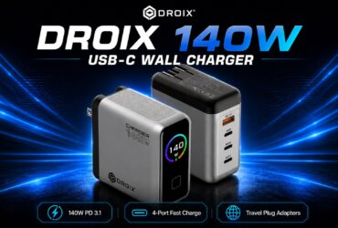 DROIX 140W USB-C wall charger advertisement showing two sleek charging blocks with blue neon background.