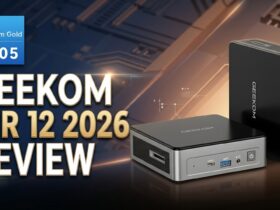 GEEKOM AIR 12 2026 REVIEW banner with Intel Pentium Gold badge and two compact PCs on a tech-themed background