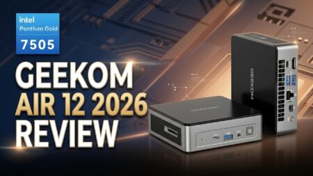 GEEKOM AIR 12 2026 REVIEW banner with Intel Pentium Gold badge and two compact PCs on a tech-themed background