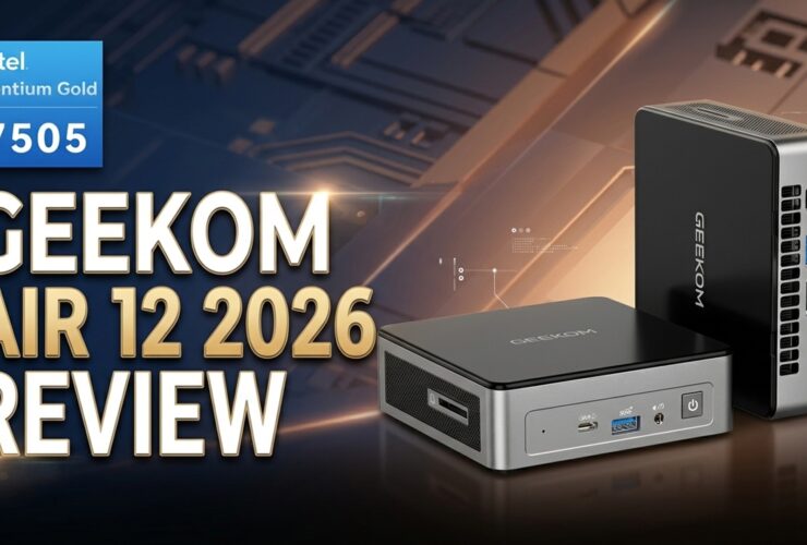 GEEKOM AIR 12 2026 REVIEW banner with Intel Pentium Gold badge and two compact PCs on a tech-themed background