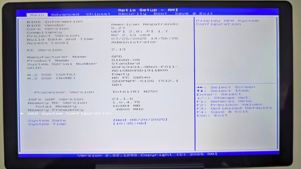 GPD MicroPC 2 BIOS Main Page