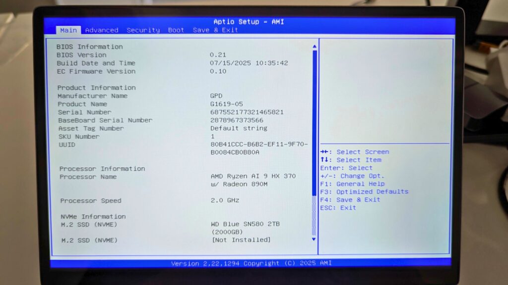 GPD WIN MAX 2 2025 BIOS Menu
