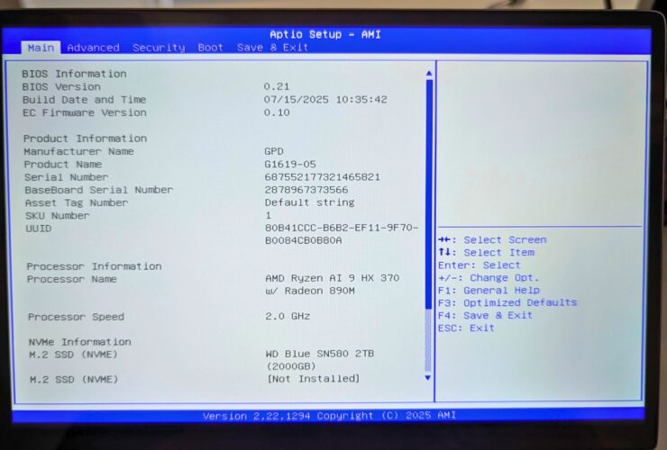 GPD WIN MAX 2 2025 BIOS Menu