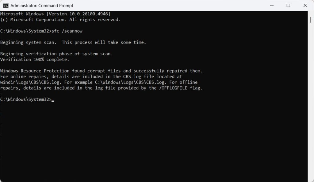 Windows SFC command line scan