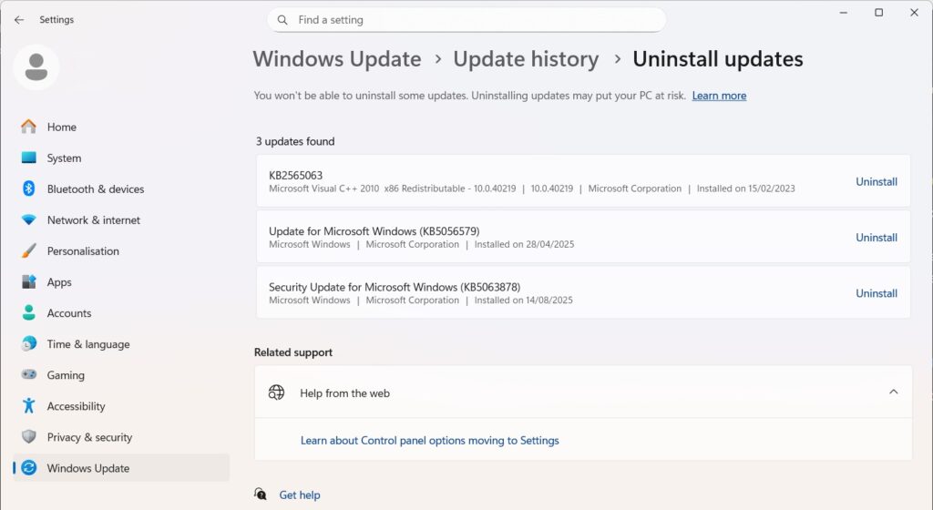 Windows Uninstall Updates