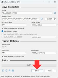 Click START to begin writing the ISO