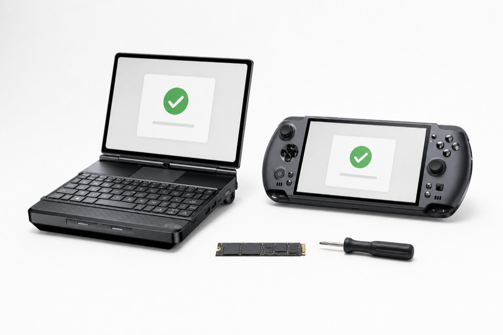 GPD WIN Max 3 clamshell PC and GPD WIN 5 handheld beside an M.2 SSD and screwdriver, showing a generic activation success indicator.