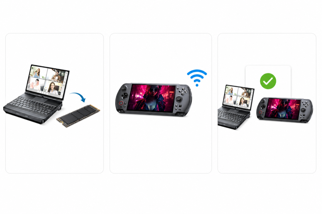 Conceptual workflow using GPD WIN Max 3 and GPD WIN 5 devices: install SSD, connect to Wi-Fi, then check activation status.