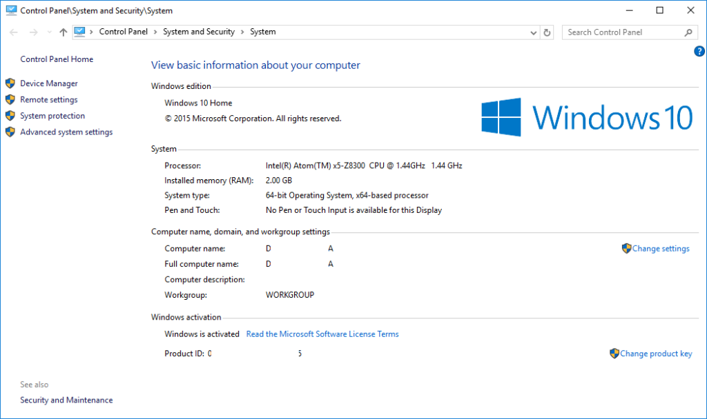 0 Initiala systemegenskaper Windows 10 årsjubileumsuppdatering Egenskaper före uppdatering
