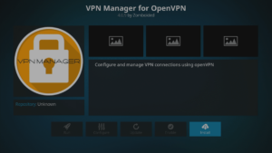 Kodi 17 LibreELEC Kodi-tilleggsinstallasjon fra arkivet Repo oppgitt VPN Manager for OpenVPN-installasjon uthevet