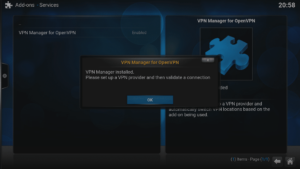 Kodi 16 LibreELEC VPN Manager for OpenVPN lisäosa asennettu vahvistus vahvistus