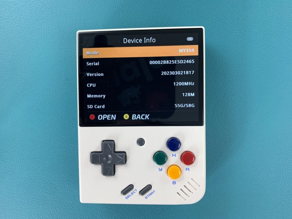 settings menu of the Retro Console Miyoo Mini+ on a blue background