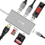 DroiX FX7 USB Type C Hub illustrating its HDMI MicroSD SD USB Type C and three USB Type A Connections