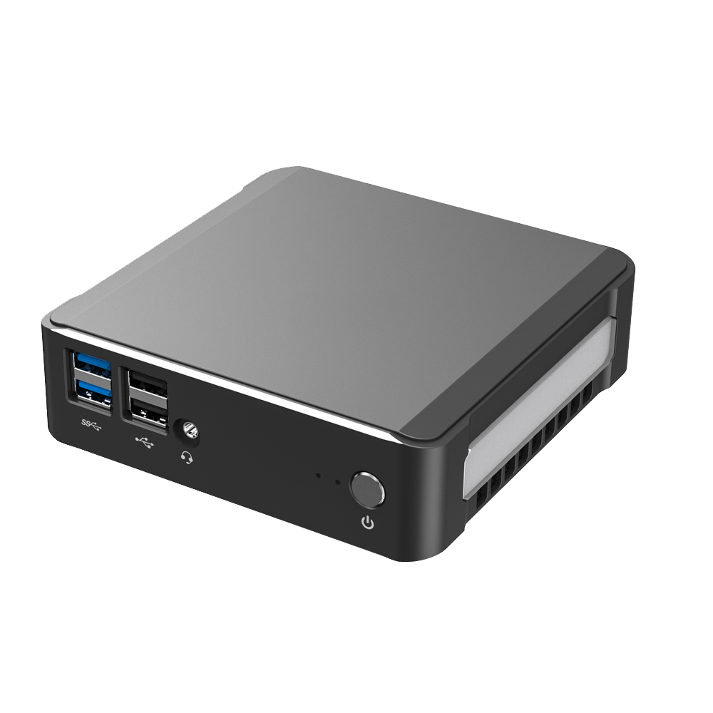 DroiX CK1 Mini PC Windows 10 NUC fino a Intel Core i7 Chipset, 512GB PCI-E NVMe SSD, 16GB DDR4 RAM - Mostrando la parte anteriore con 2x porte USB 3.0; 2x porte USB 2.0; 3.5mm cuffie e microfono Jack e pulsante di accensione
