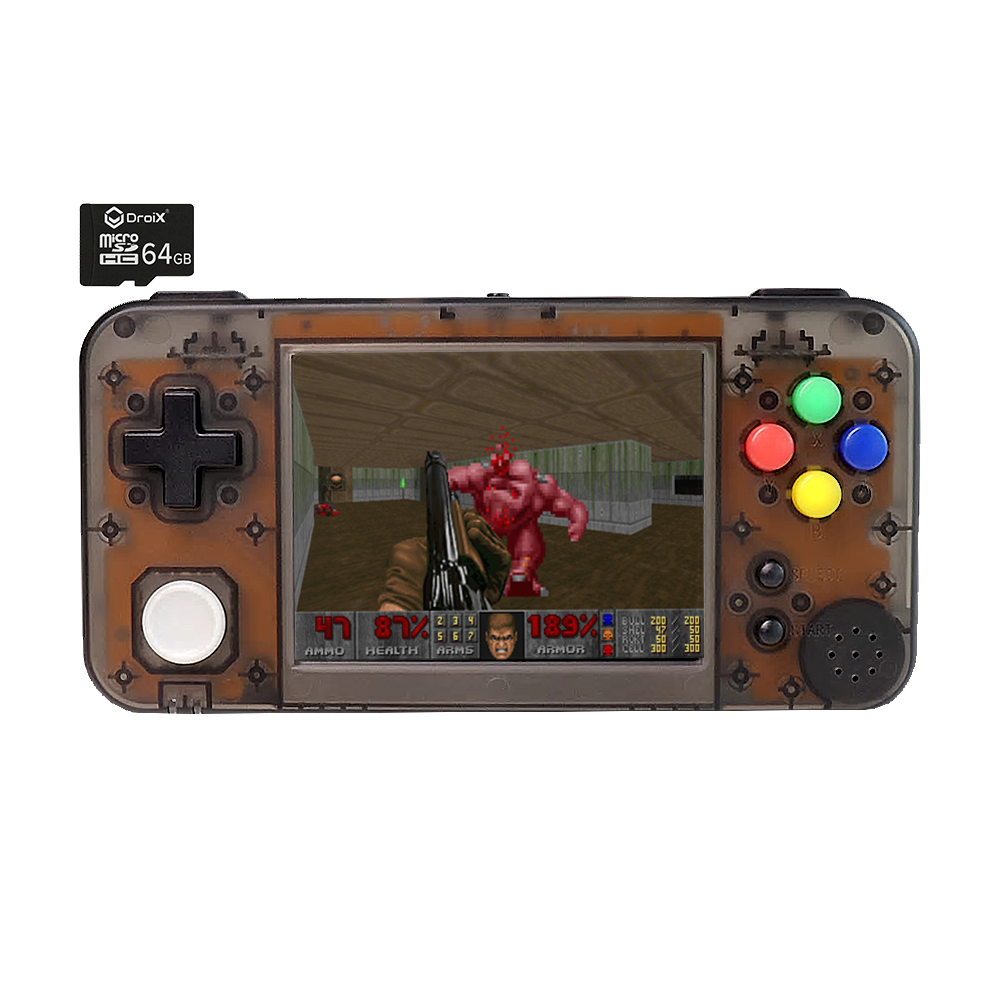 GKD350H Portable Retro Gaming Handheld by DroiX with 64GB DroiX Micro SD Card - Transparent Black Front View