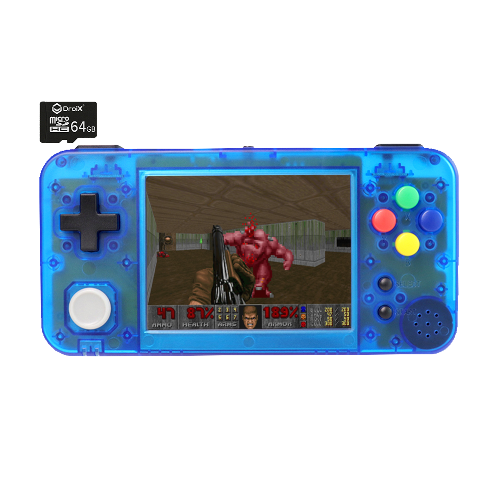 GKD350H Portable Retro Gaming Handheld by DroiX with 64GB DroiX Micro SD Card - Transparent Blue Front View