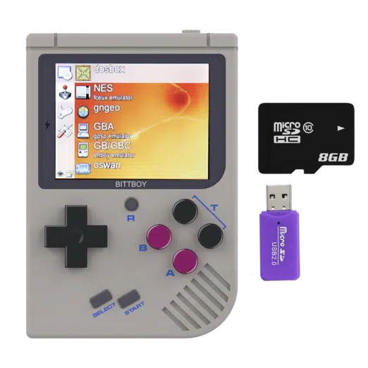 images NEW Bittboy V3 Retro Gaming Handheld Emulator - Front View with Software, 8GB Micro SD Card and Reader