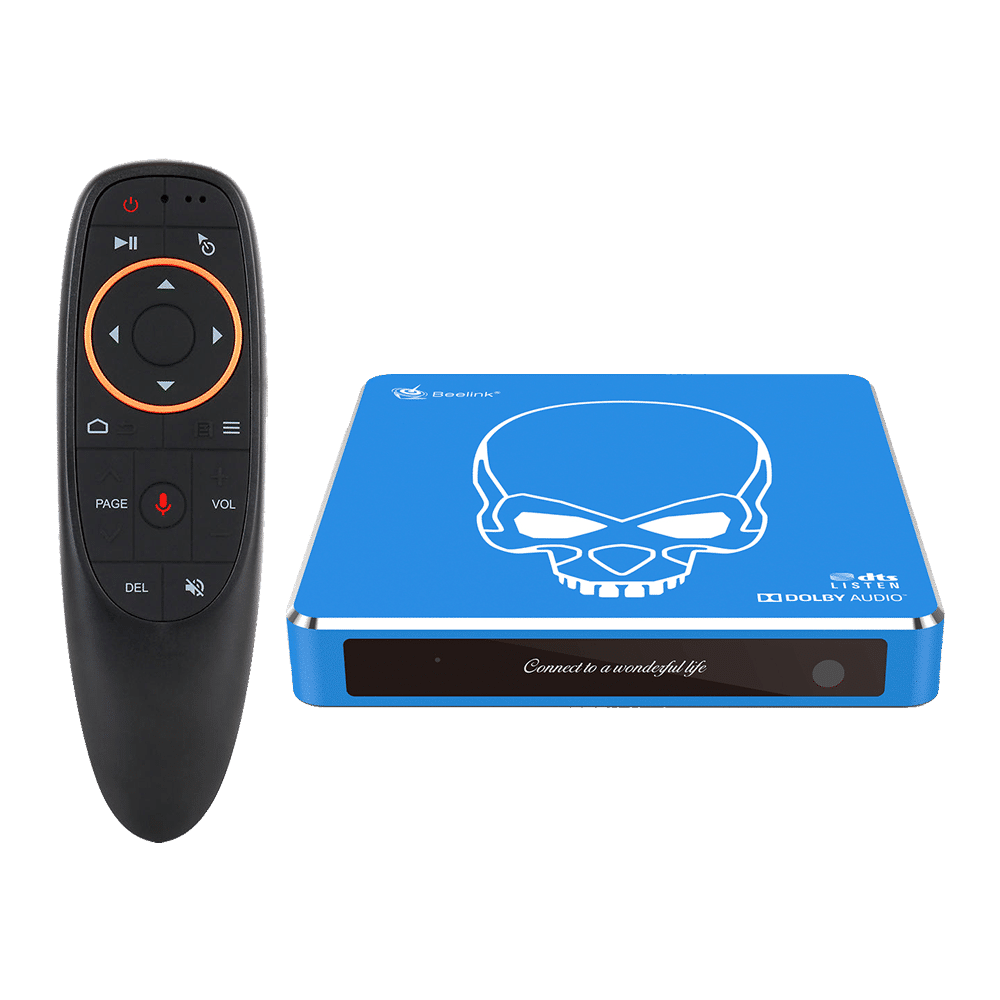 Beelink GT King PRO Android 9 Dolby DTS 4K UHD TV BOX - Vista frontal mostrando LED con G10 Air-Mouse