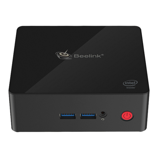 Beelink X55 Windows 10 Home Mini Computer showing front USB 30 Ports and 35mm HeadphoneMicrophone Jack along with Power Button and top Beelink logo