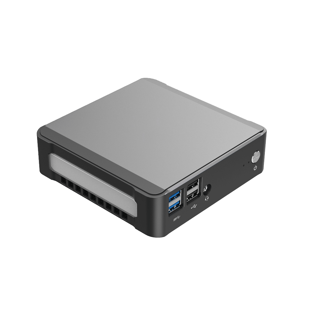 DroiX CK1 Mini PC Windows 10 NUC Up to Intel Core i7 Chipset, 512GB PCI-E NVMe SSD, 16GB DDR4 RAM - Showing right side with 2x USB 3.0 Ports ; 2x USB 2.0 Ports ; 3.5mm Headphone&Microphone Jack and Power Button on the front