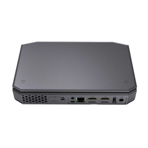 AMD T12 Windows 10 HTPC - Showing rear I/O with Power Supply Port, 2x HDMI Ports, 1GB/s LAN Port, Kensington Lock and 3.5mm Headphone Jack