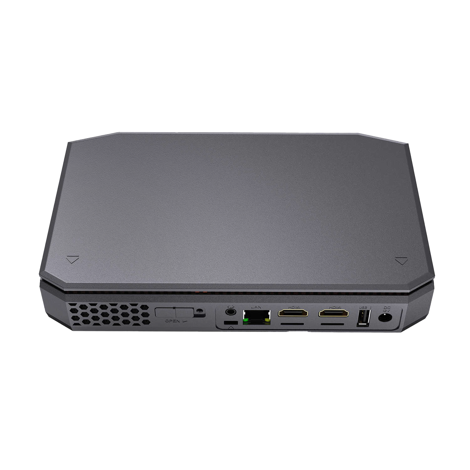 AMD T12 Windows 10 HTPC - Showing rear I/O with Power Supply Port, 2x HDMI Ports, 1GB/s LAN Port, Kensington Lock and 3.5mm Headphone Jack