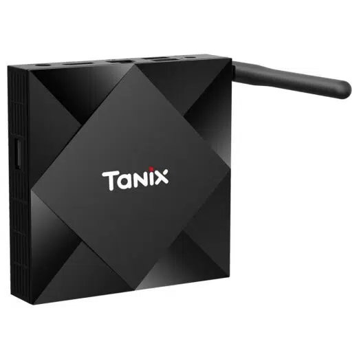 Tanix TX6X Android 10 Smart TV Box - Shown from the top with Antenna and Tanix logo