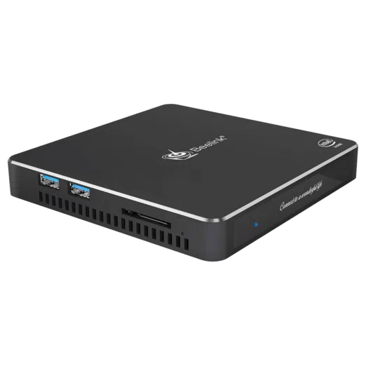 Beelink T45 Windows 10 Home HTPC Mini Computer with Intel Processor showing left side of the computer with usb ports and sd card slot