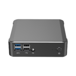 DroiX CK1 Mini PC Windows 10 NUC fino a chipset Intel Core i7, SSD PCI-E NVMe da 512 GB, 16 GB di RAM DDR4 - Parte anteriore con 2x porte USB 3.0; 2x porte USB 2.0; jack per cuffie e microfono da 3,5 mm e pulsante di accensione