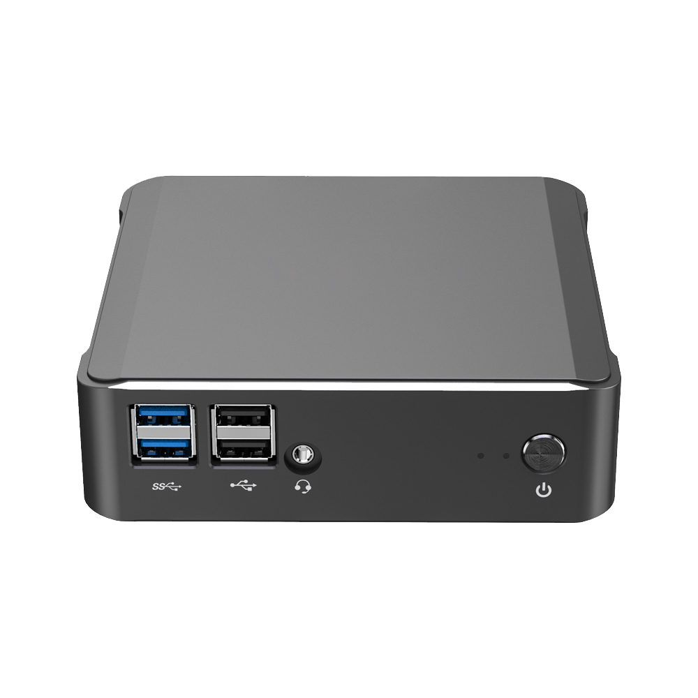 DroiX CK1 Mini PC Windows 10 NUC Up to Intel Core i7 Chipset, 512GB PCI-E NVMe SSD, 16GB DDR4 RAM - Showing front with 2x USB 3.0 Ports ; 2x USB 2.0 Ports ; 3.5mm Headphone&Microphone Jack and Power Button