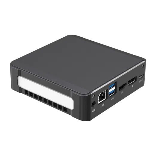 DroiX CK1 Mini PC Windows 10 NUC Up to Intel Core i7 Chipset, 512GB PCI-E NVMe SSD, 16GB DDR4 RAM - Showing left side with 1x Power Adapter Port ; RJ45 Ethernet Port ; 2x USB 3.0 Ports ; 1x HDMI Port ; 1x DVI Port and 1x USB Type-C on the back