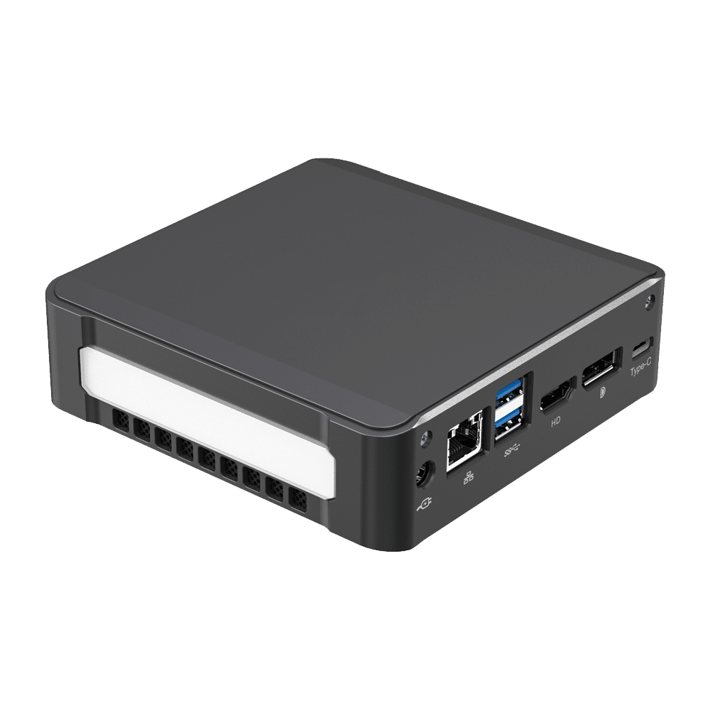 DroiX CK1 Mini PC Windows 10 NUC Up to Intel Core i7 Chipset, 512GB PCI-E NVMe SSD, 16GB DDR4 RAM - Showing left side with 1x Power Adapter Port ; RJ45 Ethernet Port ; 2x USB 3.0 Ports ; 1x HDMI Port ; 1x DVI Port and 1x USB Type-C on the back