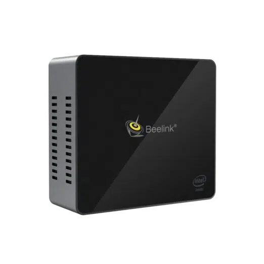 Beelink J45 Windows 10 Mini Computer for Home or Office - Side Front View showing Power Port, 2x USB Type-A and 3.5mm Headphone&Microphone Jack and MicroSD/TF Card Slot