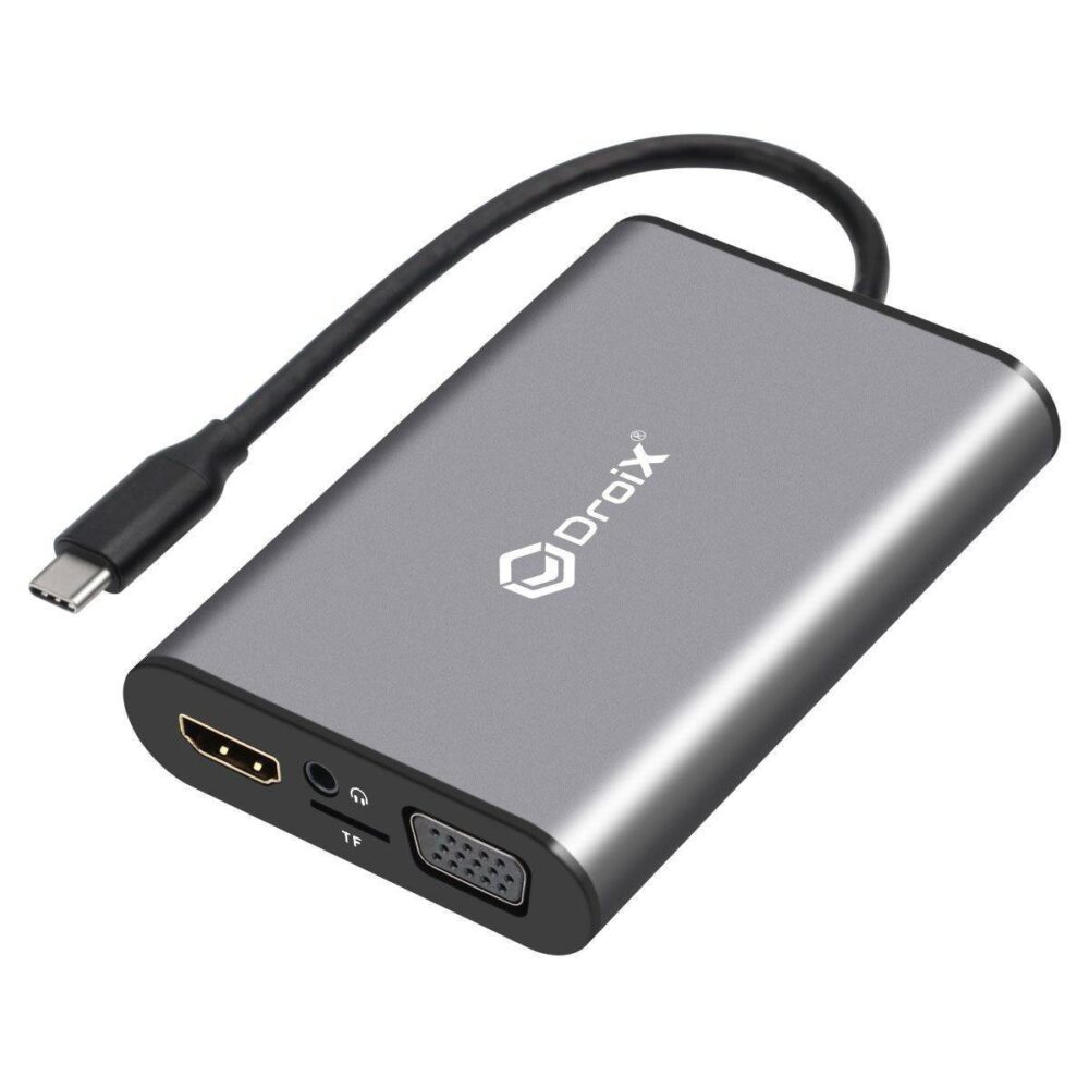 DroiX FX8 Hub USB Type-C che mostra una porta VGA, una porta per cuffie, uno slot per schede MicroSD/TF e una porta HDMI