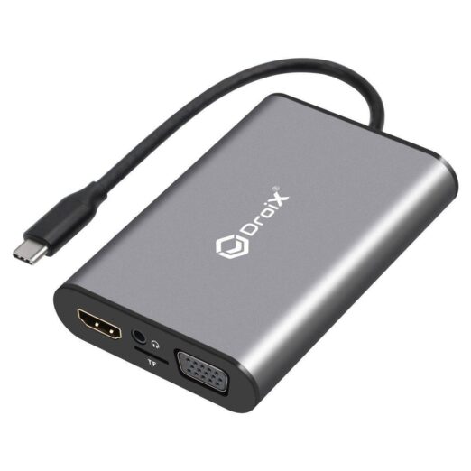 DroiX FX8 USB Type C Hub showing a VGA Port Headphone Port MicroSDTF Card Slot and HDMI Port