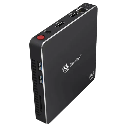 Beelink T45 Windows 10 Home HTPC Mini Computer with Intel Processor showing rear I/O of the item from the top