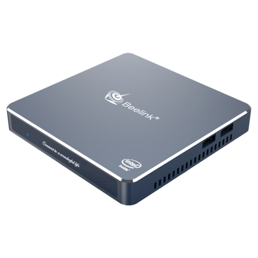 Beelink Gemini M Intel Mini PC Computer   Shown from angle with front plate and 2x USB Ports