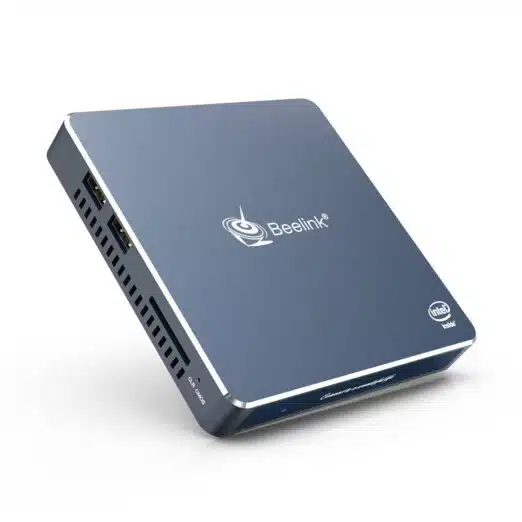 Beelink Gemini M Intel Mini PC Computer - Shown from angle with front plate, 2x USB Ports and SD Card Reader along with Clear CMOS Pin hole