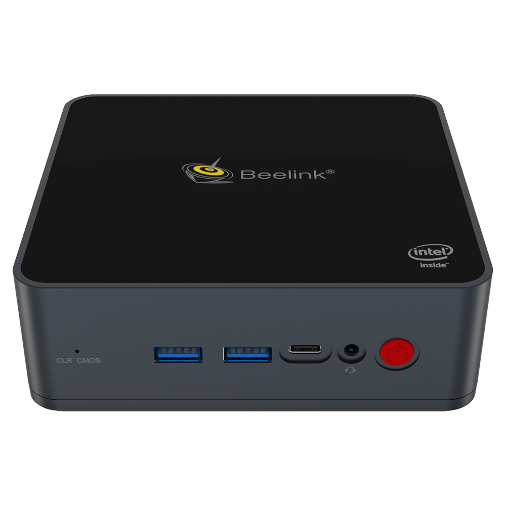 Beelink GK55 Intel Mini PC - Shown from the front with Power Button, Headphone In, USB C Port and 2x USB Type-A Ports