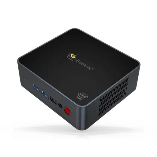 Beelink GK55 Intel Mini PC - Shown from the top at angle with Power Button, Headphone In, USB C Port and 2x USB Type-A Ports and air vents on the right