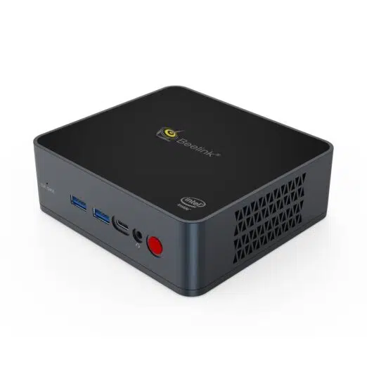 Beelink GK55 Intel Mini PC - Shown from the left at angle with Power Button, Headphone In, USB C Port and 2x USB Type-A Ports as well as right-hand side vent