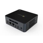 Beelink GK55 Intel Mini PC - Shown from the back with Air-Intake, 2x USB Ports, 2x Ethernet Ports, 2x HDMI Ports, Power Port and vent and Micro SD Card slot on the left side
