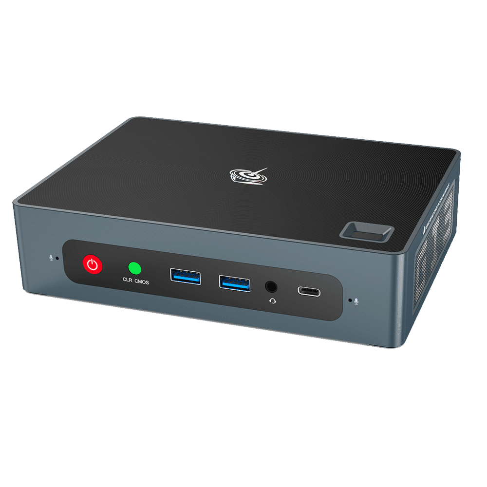 Beelink GTi 10 Windows Intel NUC Mini PC - Showing from the front with Power Button, CMOS Reset Button, 2x USB Type-A 3, 3.5mm Headphone&Microphone Jack and USB Type-C
