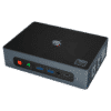 Beelink GTi 8 i5 8259U se muestra desde la parte frontal con el botón de encendido, el botón de borrado de CMOS, 2x USB Tipo-A 3.0, micrófono de 3,5 mm y conector para auriculares y Tipo-C junto con el sensor de huellas dactilares
